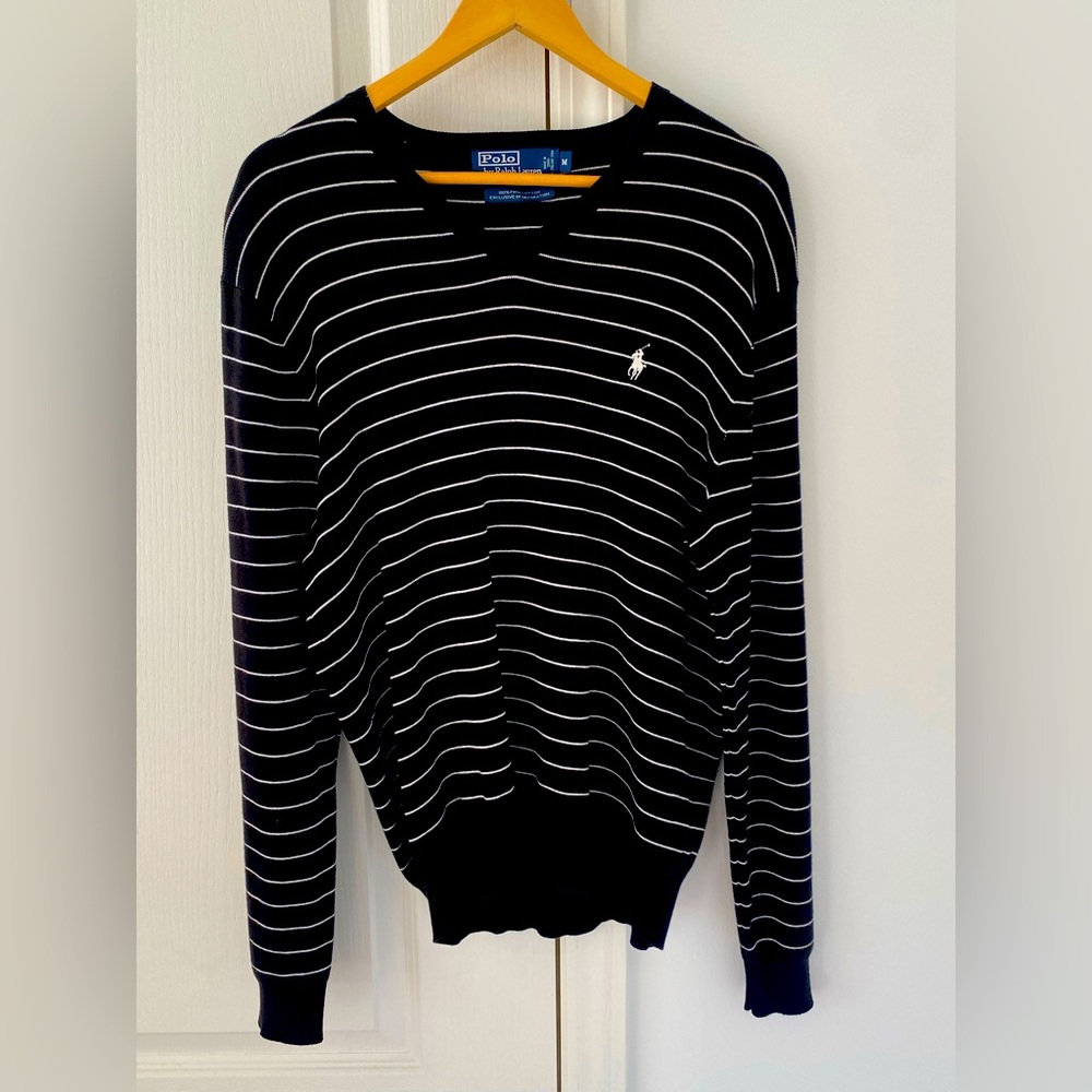 POLO Ralph Lauren medium black and white stripped V-Neck sweater. Gently worn